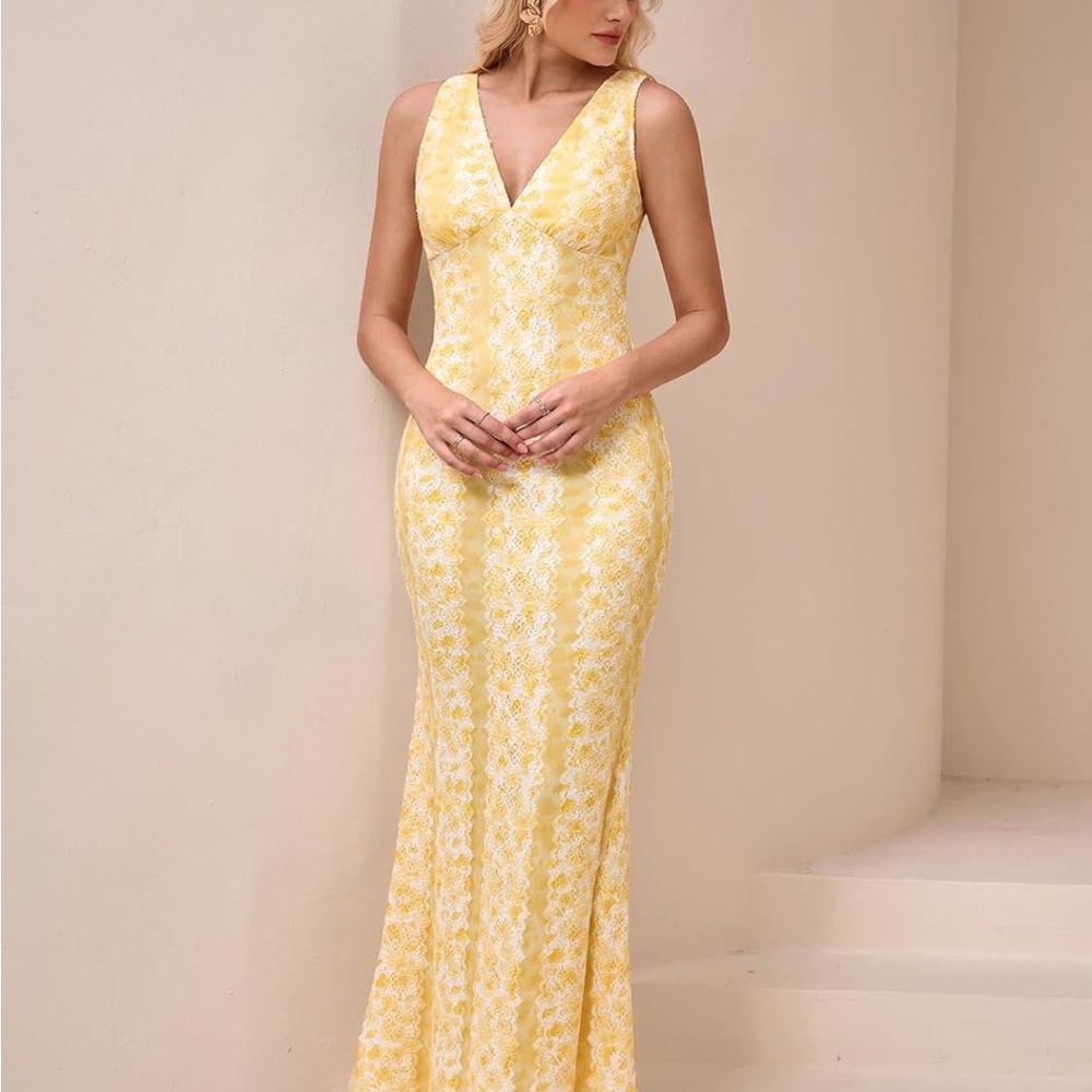 Elegant Yellow Lace Maxi Dress